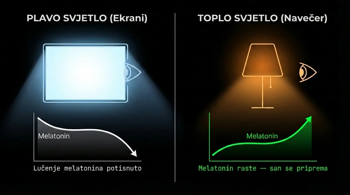 Plavo svjetlo i melatonin — zašto ekrani odgađaju san, toplo svjetlo i cirkadijalni signal