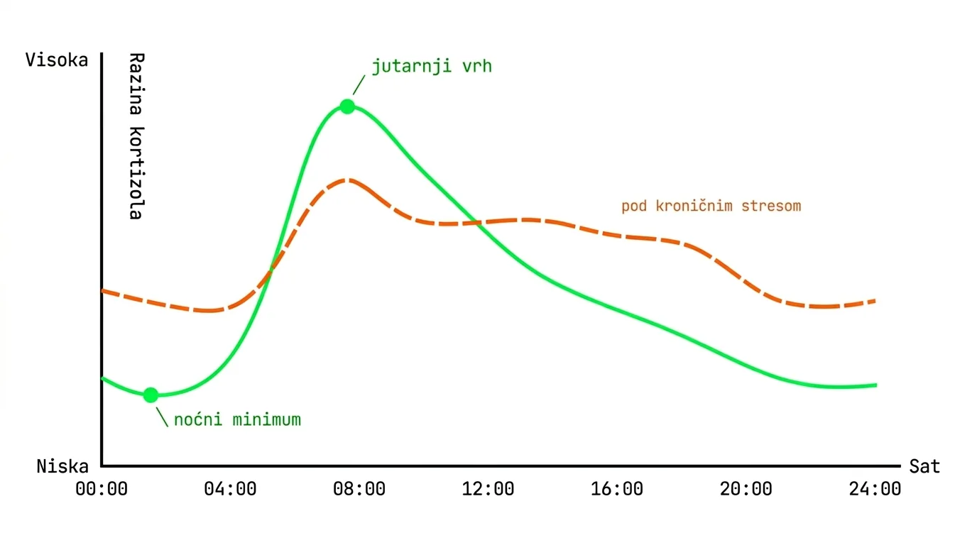 Kortizol ritam kroz 24 sata — grafikon jutarnjeg vrha i noćnog minimuma