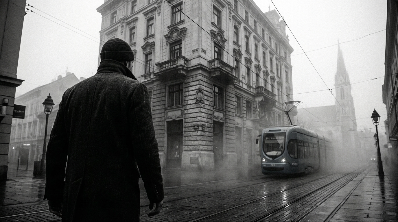 Man walking through urban fog