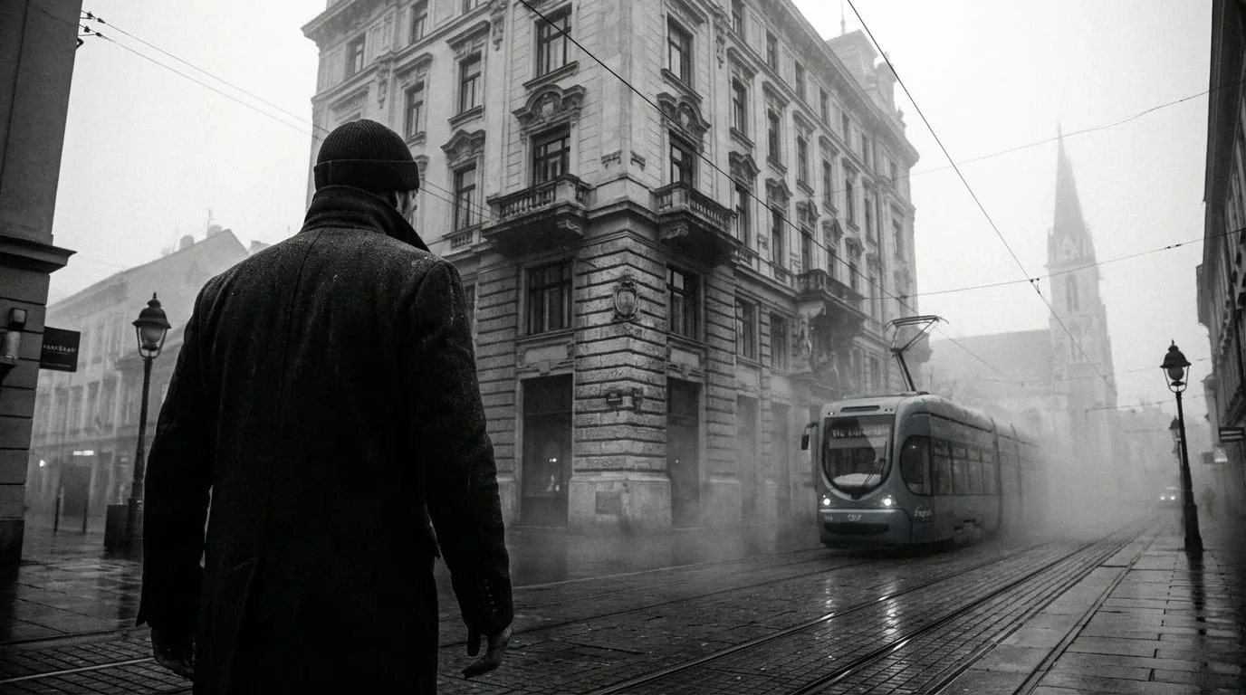 Man walking through urban fog