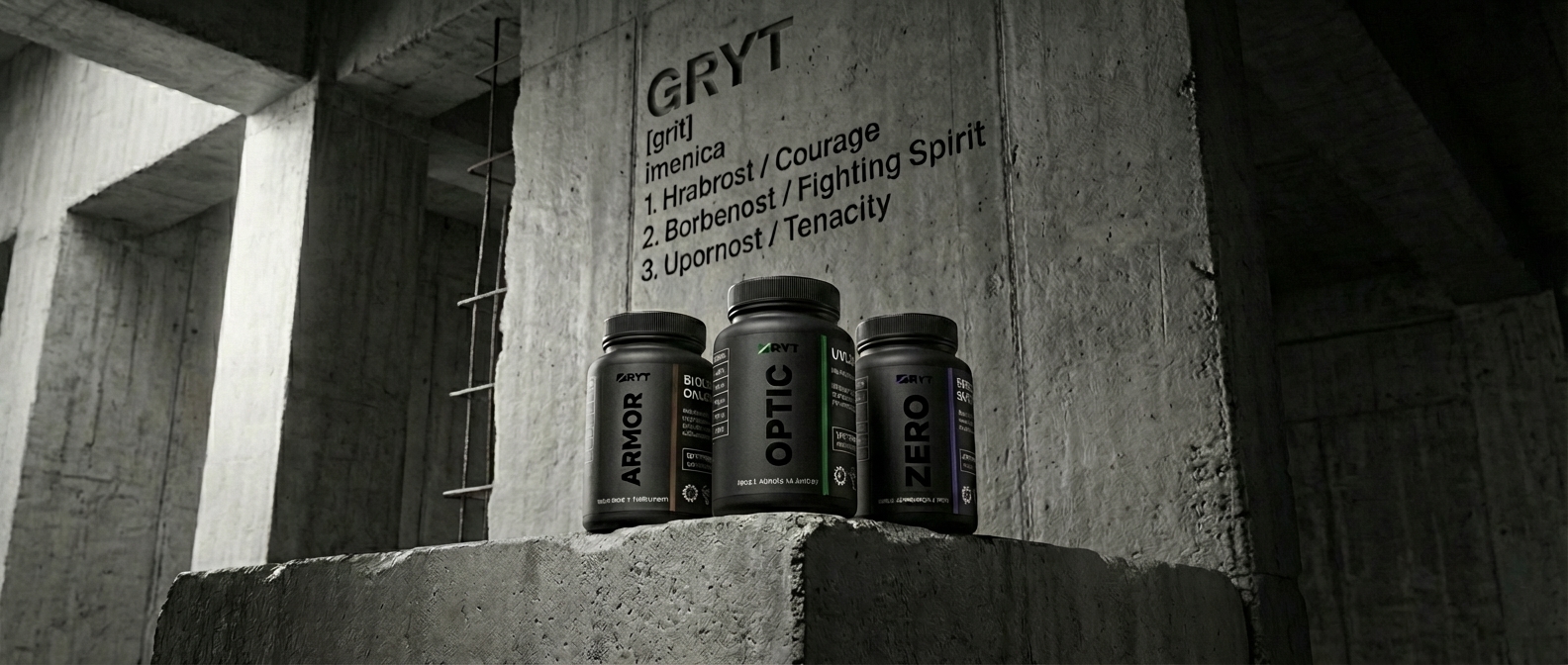GRYT ARMOR, OPTIC, ZERO bottles on concrete