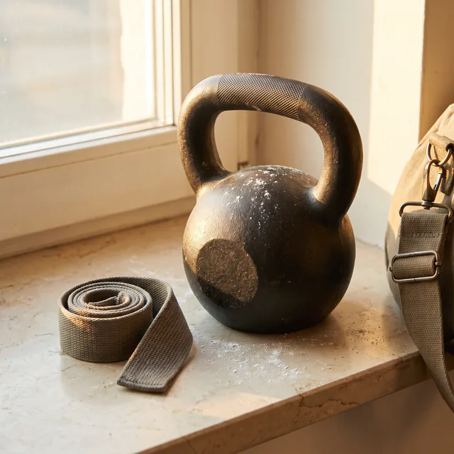 Kettlebell i traka za trening u jutarnjem svjetlu