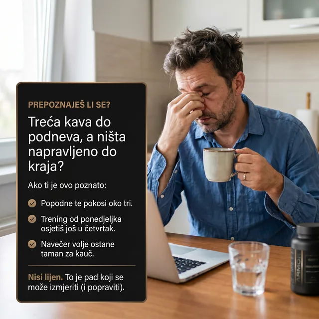 Umoran muškarac uz kavu i pregled znakova pada energije