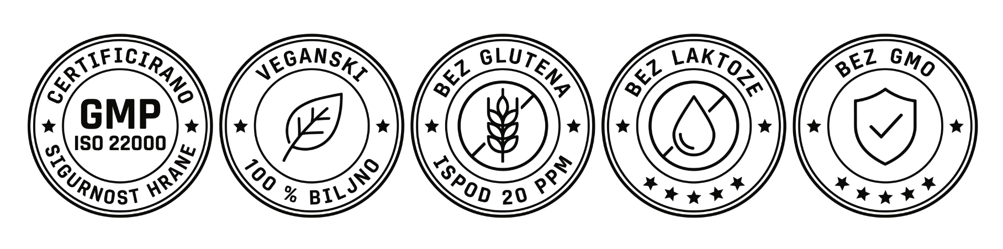 GMP ISO 22000, veganski proizvod, bez glutena, bez laktoze i laboratorijski testirano