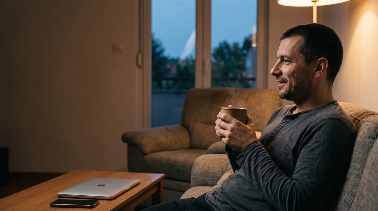 Muškarac s toplim napitkom nakon zatvaranja laptopa