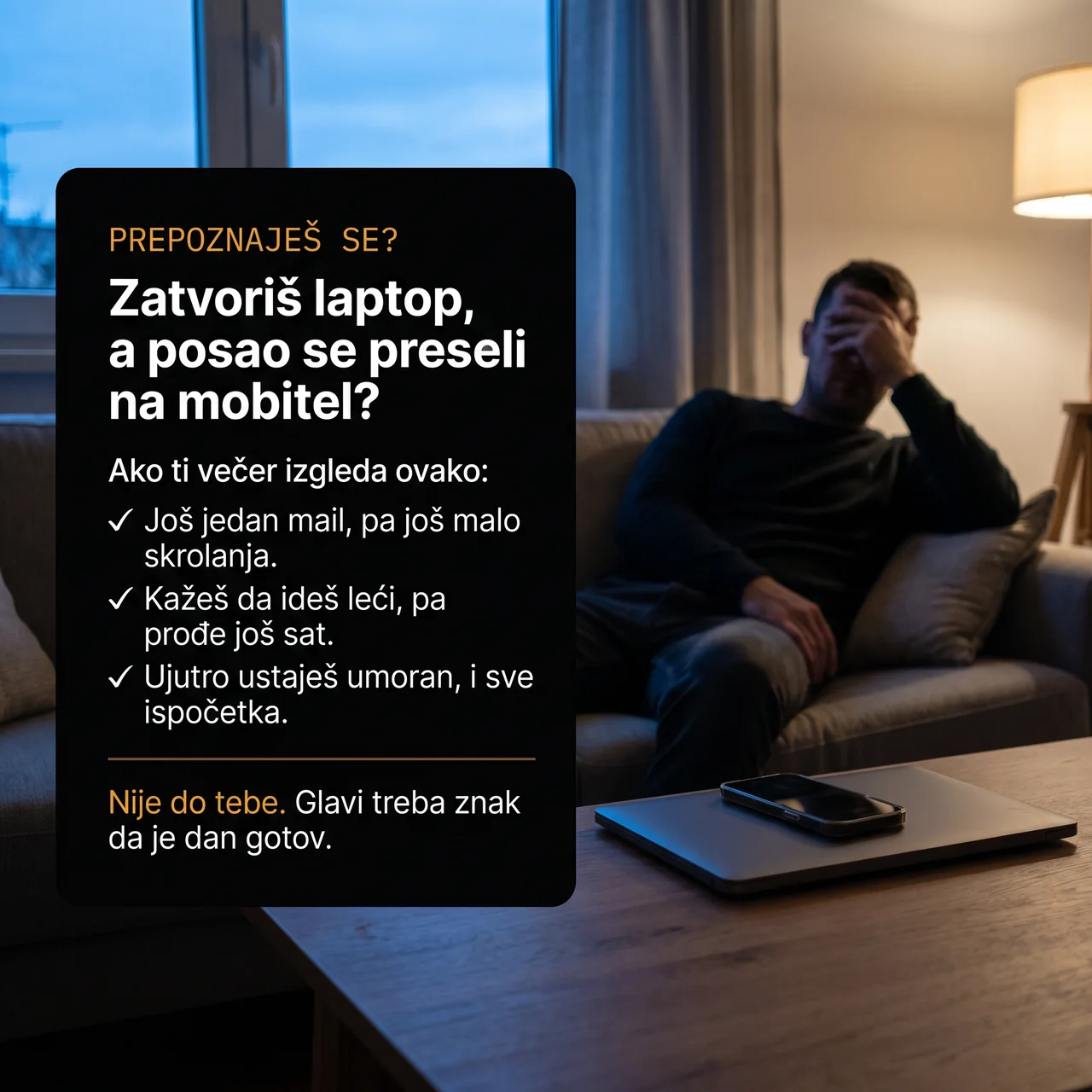 Umoran muškarac nakon posla uz laptop i mobitel